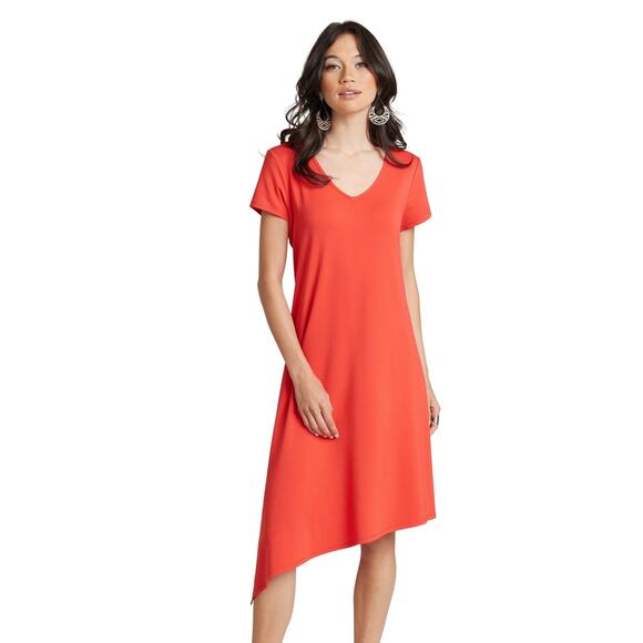 Women's Bamboo Dress Size S Asymmetrical Short Sleeve Orange V-Neck Compli-K NWT - Picture 1 of 3